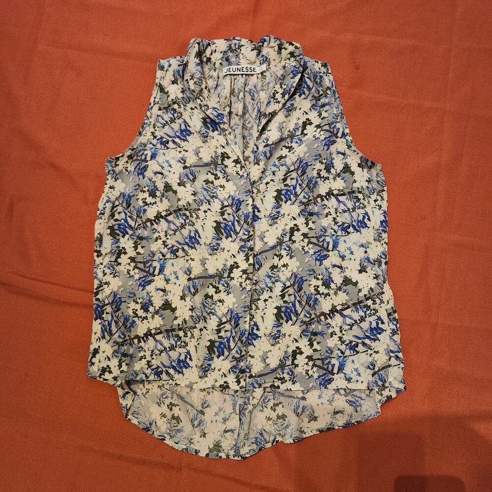 Jeunesse XS Blue Floral Sleeveless Silk Button Down Blouse Mock Collar Summer